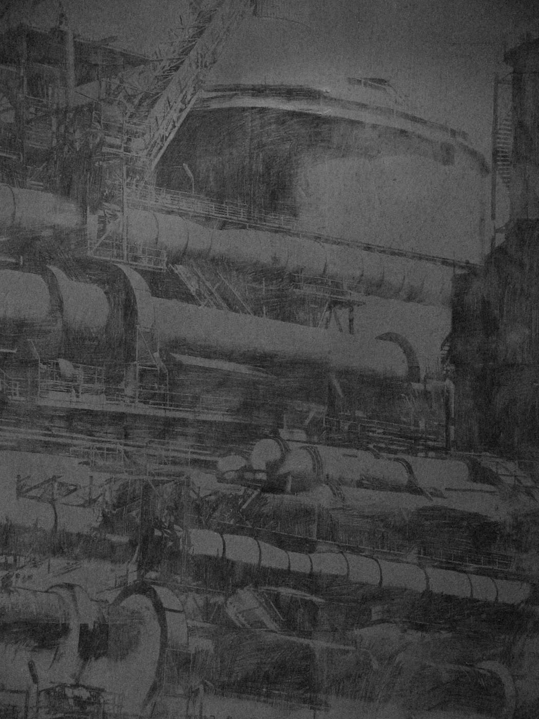 Dettaglio tecnico di una pittura murale eseguita da Giada Giuliani. La foto mostra geometrie industriali che sembrano emergere dalla pietra.