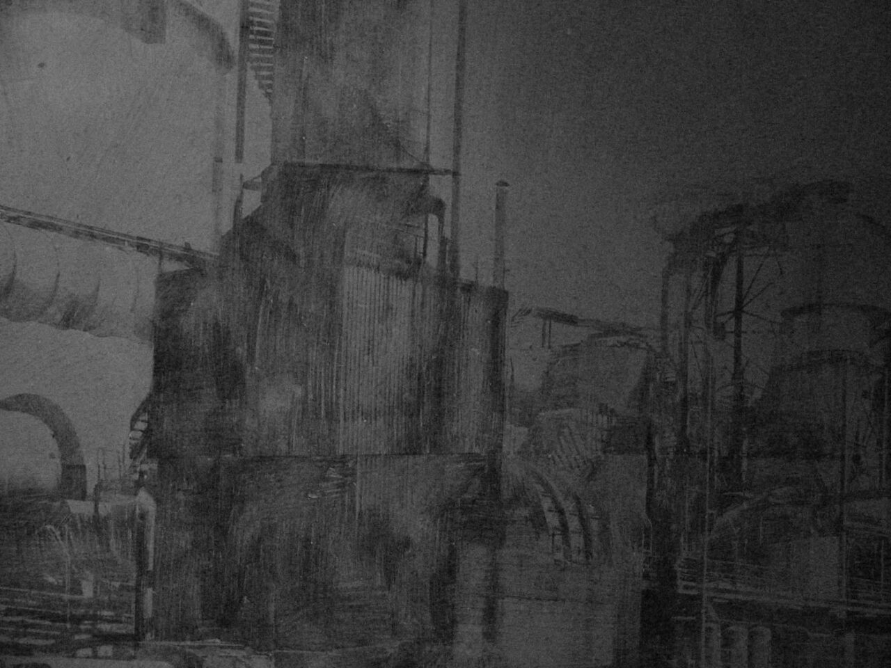 Scorcio prospettico di una struttura metallica in un murales di Giada Giuliani. Il dettaglio evidenzia la precisione del segno architettonico applicato alle pitture murali.