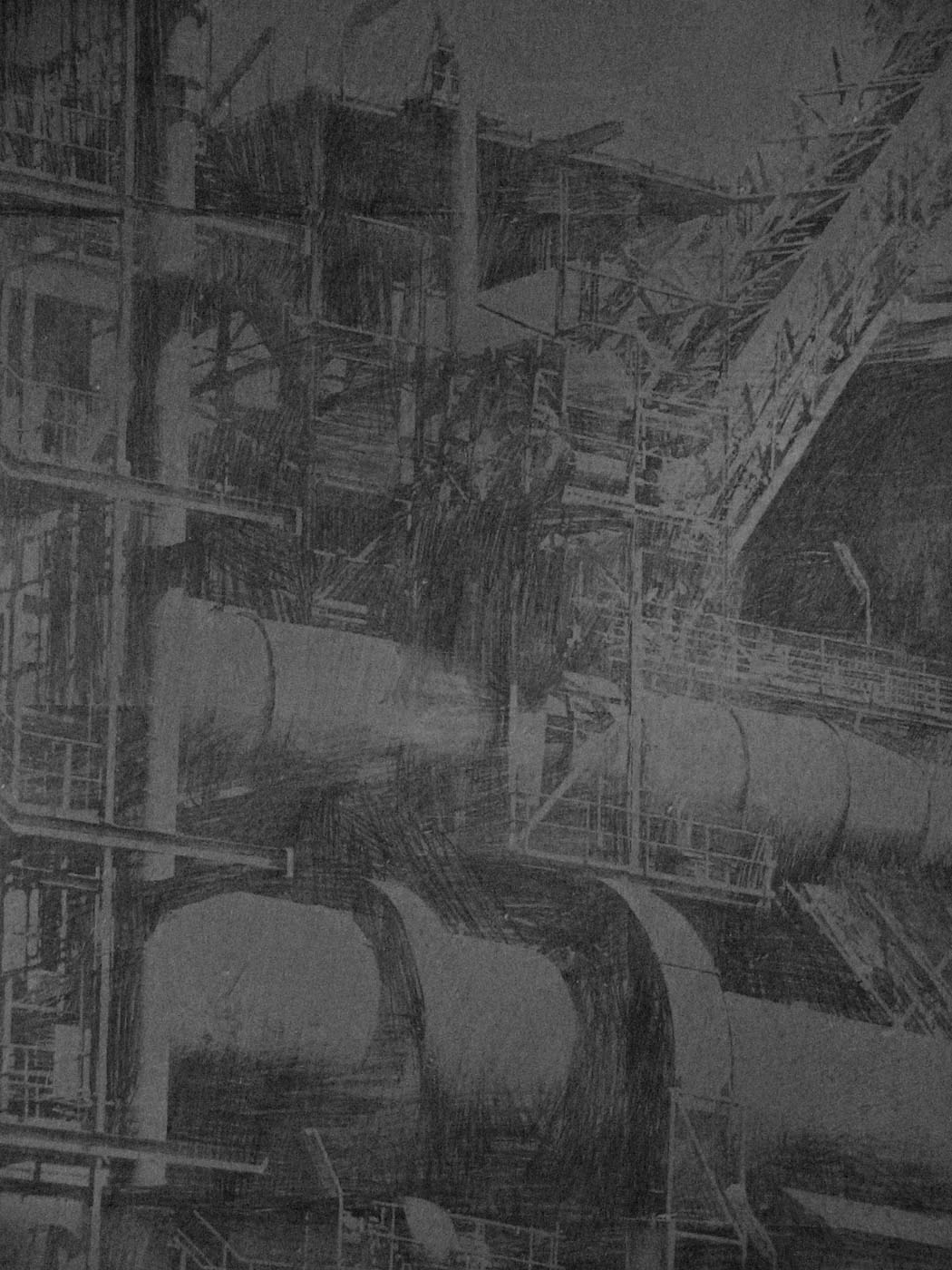 Una foto ravvicinata del murale di scale, piattaforme e condutture metalliche finemente disegnate con profondità e interesse visivo.
