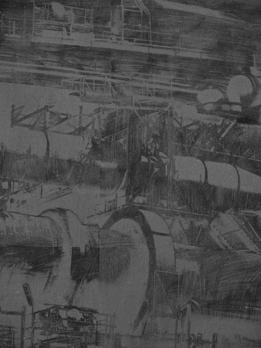 Dettaglio di un murales d'autore di Giada Giuliani raffigurante un complesso industriale con scale e tubature.