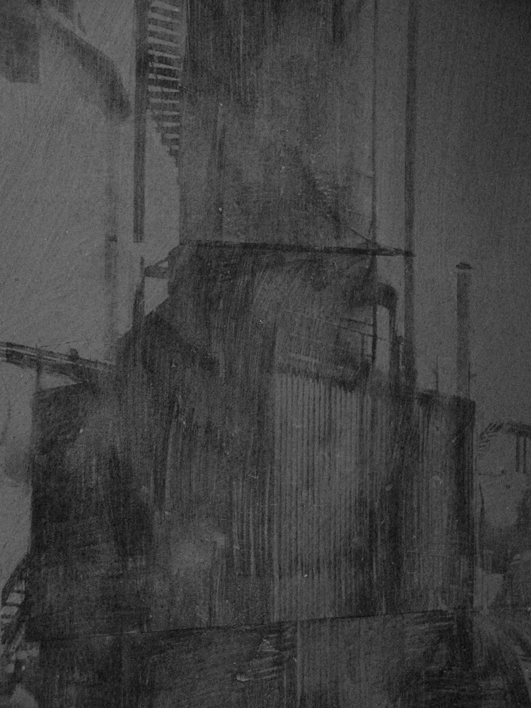 Murales di una struttura industriale realizzata da Giada Giuliani con la tecnica della monotipia su parete che conferisce al disegno un aspetto disegnato a grafite.