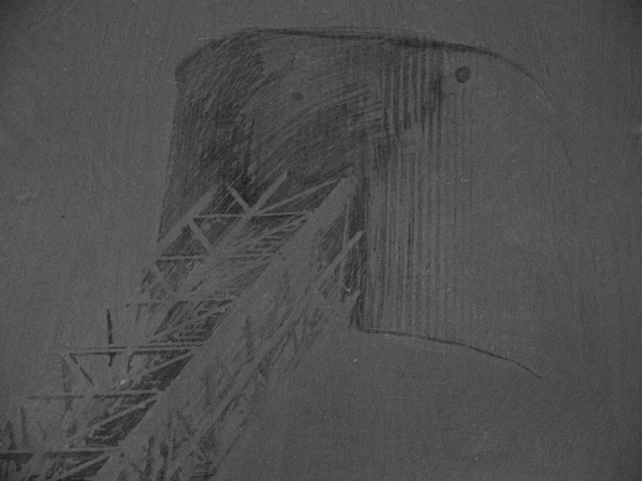Torre industriale in una pittura murale firmata Giada Giuliani. La texture evidenzia la natura artigianale della monotipia su parete, tecnica utilizzata per realizzare murales di design d'interni.